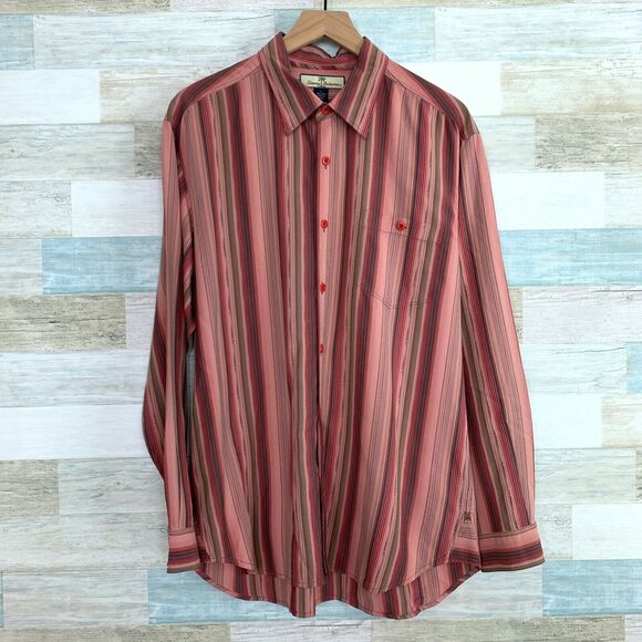 Tommy Bahama Pure Silk Striped Shirt Pink Button Front Jacquard Mens Large - Picture 1 of 6